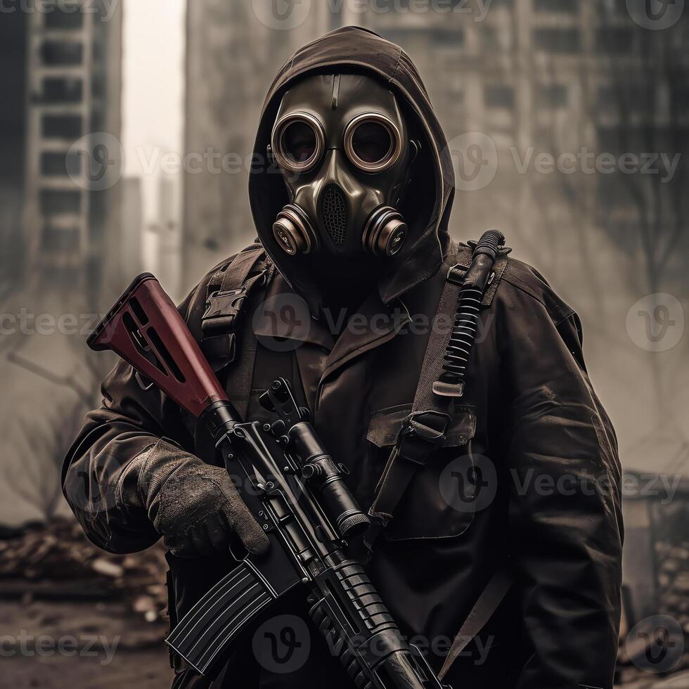 AI Generative a man in a gas mask holding a rifle with apocalypse vibes photo