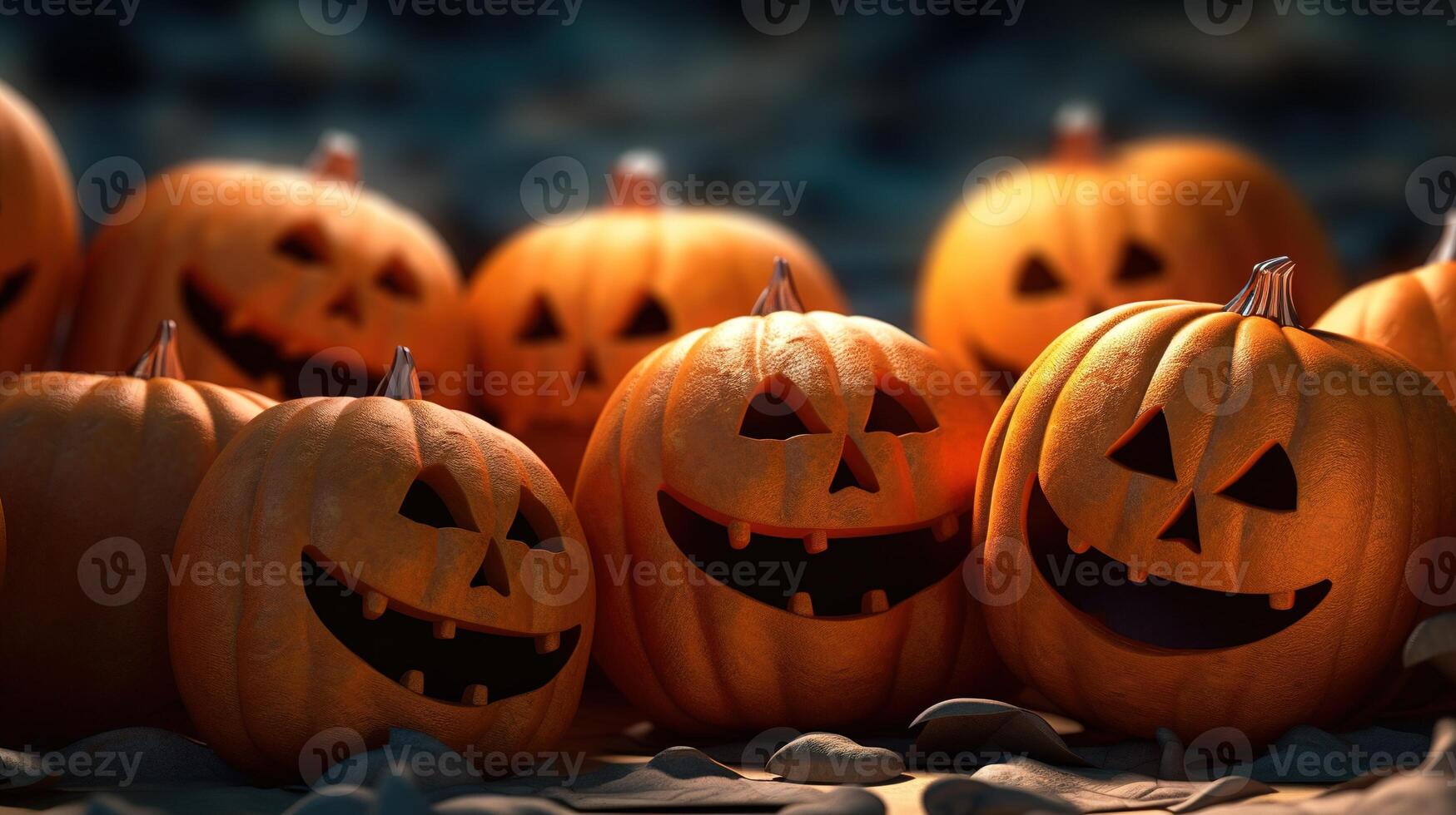 a group of pumpkins with faces carved into them photo