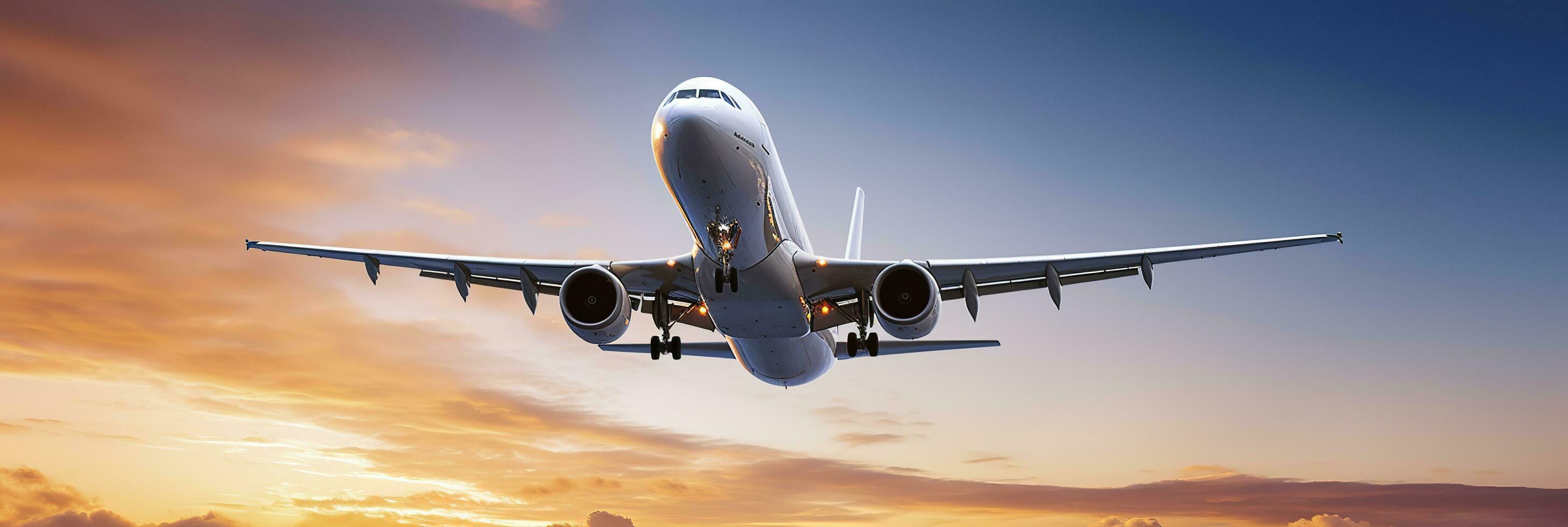 comercial avión volador encima dramático nubes durante puesta de sol. generativo ai foto