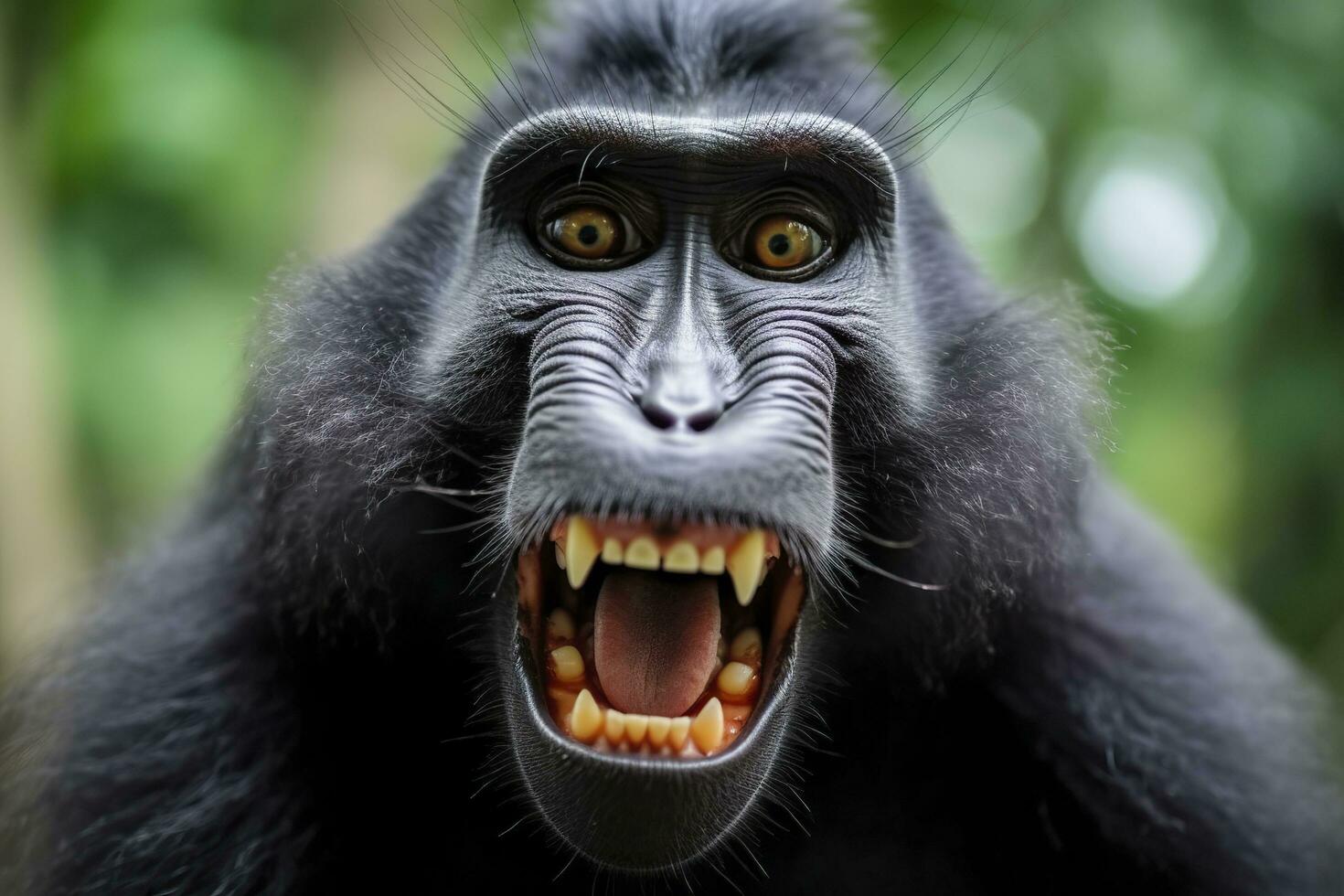 Celebes crested macaque with open mouth. Close up on the green natural background. Generative AI photo