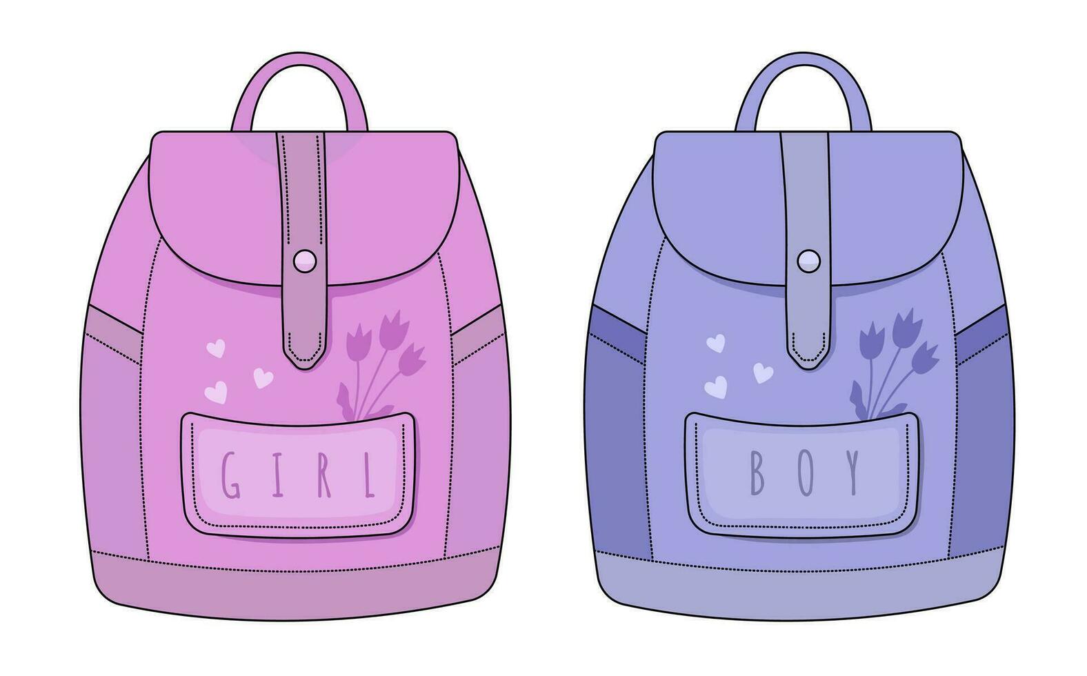 chico y niña mochilas en azul y rosado colores vector