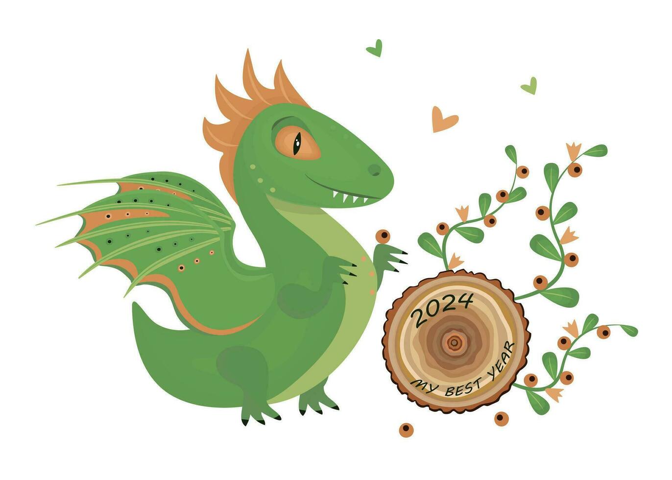 Wood green dragon rolls a tree stump, symbol of 2024 year, color illustration vector