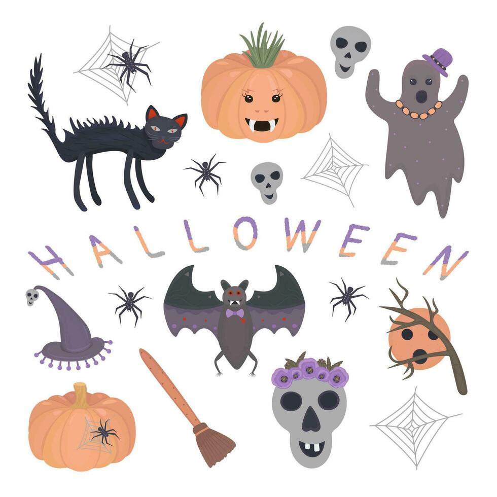 Halloween colorful illustration set in grey, orange and purple shades vector