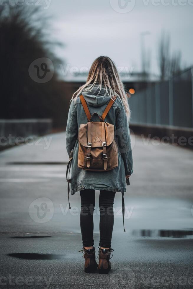 a person standing on a sidewalk with a backpack AI Generative photo