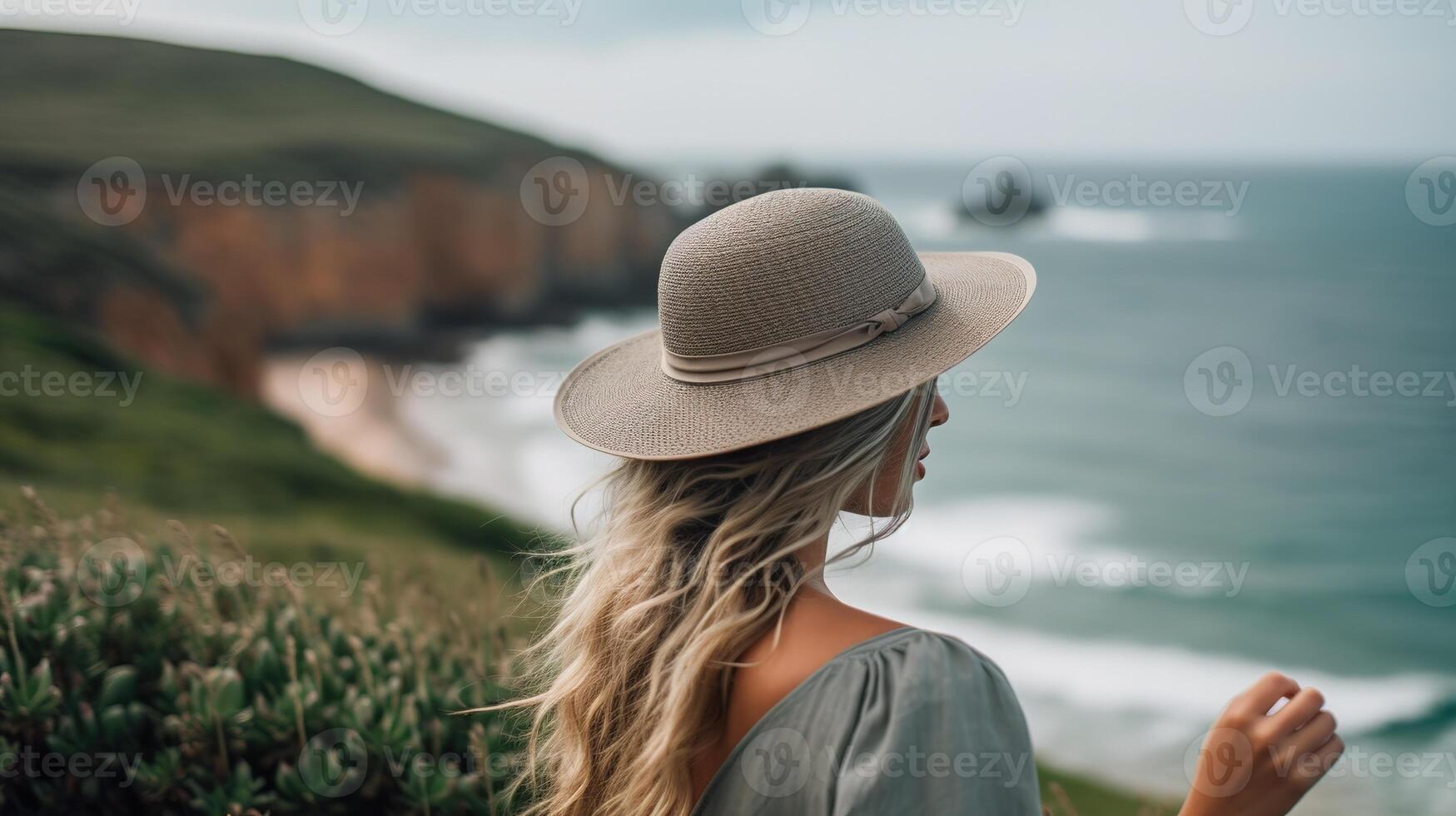 ai generativo un mujer con un sombrero es mirando a el Oceano foto