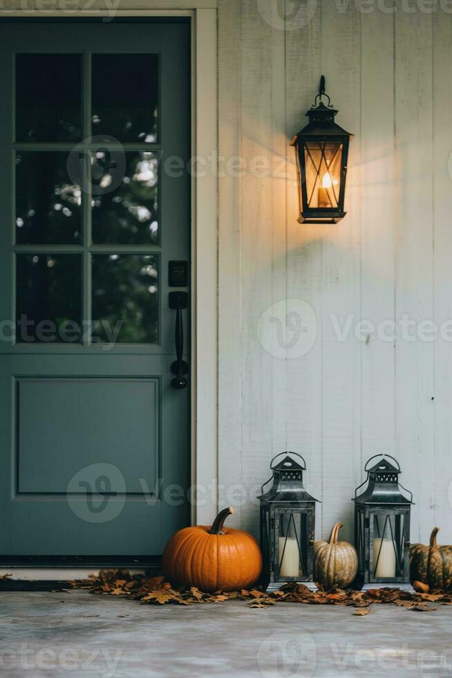 AI Generative a front porch with pumpkins and a lantern photo