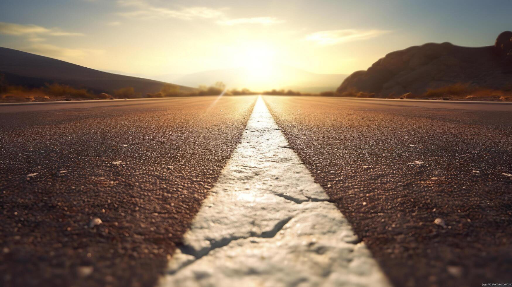 Black Asphalt Road And White Dividing Lines. Highway in early morning. digital ai art. photo
