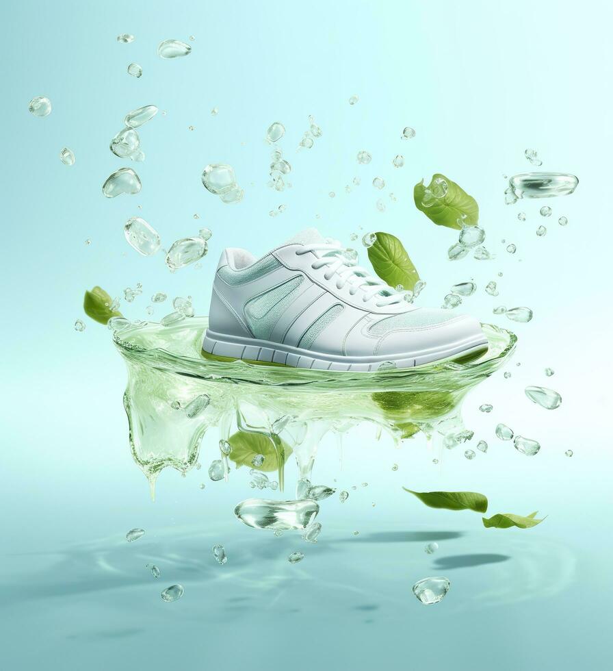 Fresh fly running shoes in water and wind in the style of natural patterns light white and light indigo ethereal illustration light blue and light green delicate still life. AI Generative photo