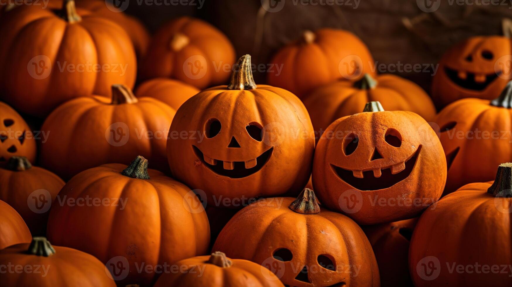 a group of pumpkins with faces carved into them photo
