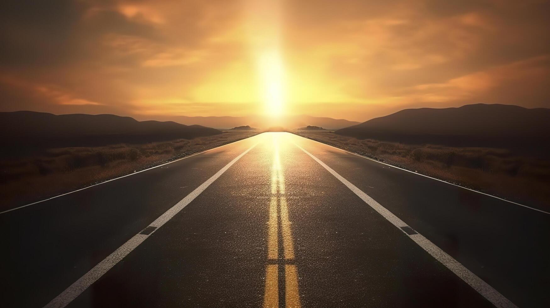Black Asphalt Road And White Dividing Lines. Highway in early morning. digital ai art. photo