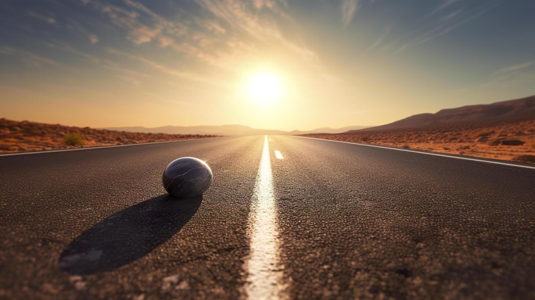 Black Asphalt Road And White Dividing Lines. Highway in early morning. digital ai art. photo