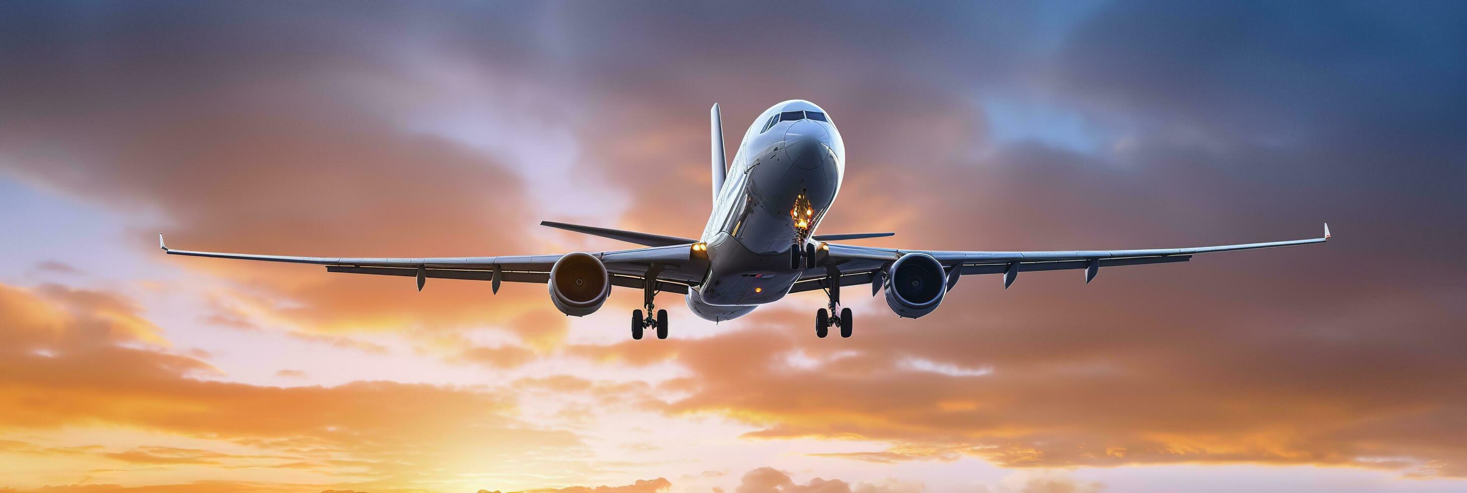 comercial avión volador encima dramático nubes durante puesta de sol. generativo ai foto