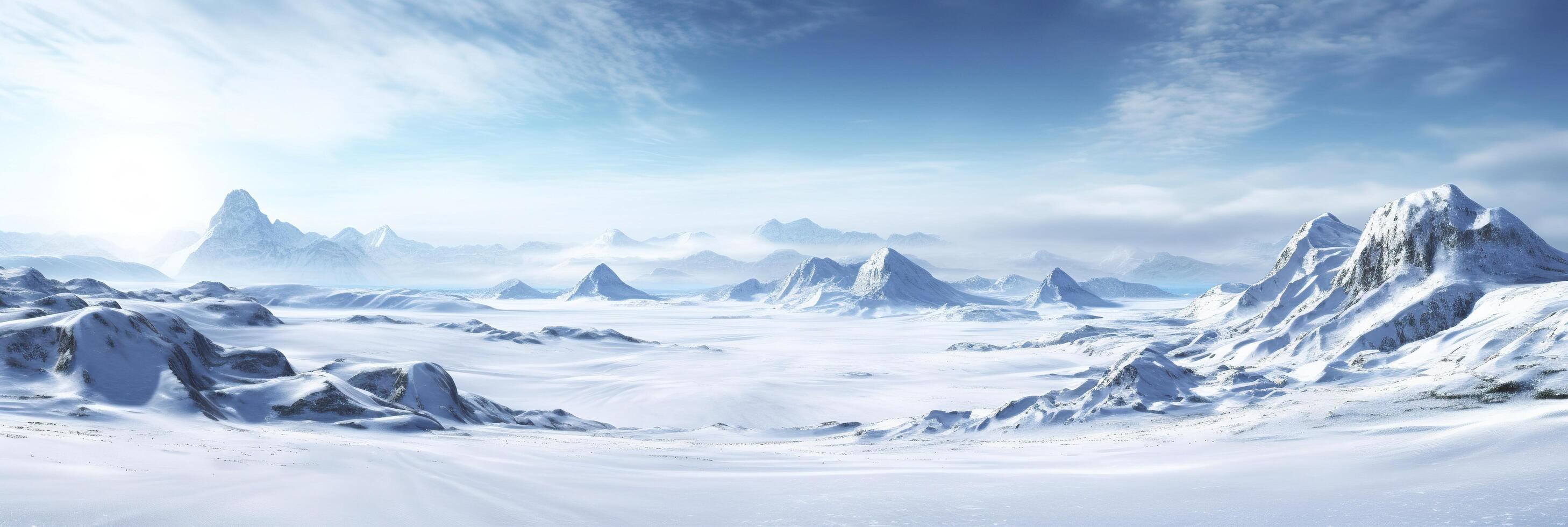 vast desolated snow land, big mountains in the background, snowfall with light blue sky and light blue colors, peaceful atmosphere,  AI Generative photo