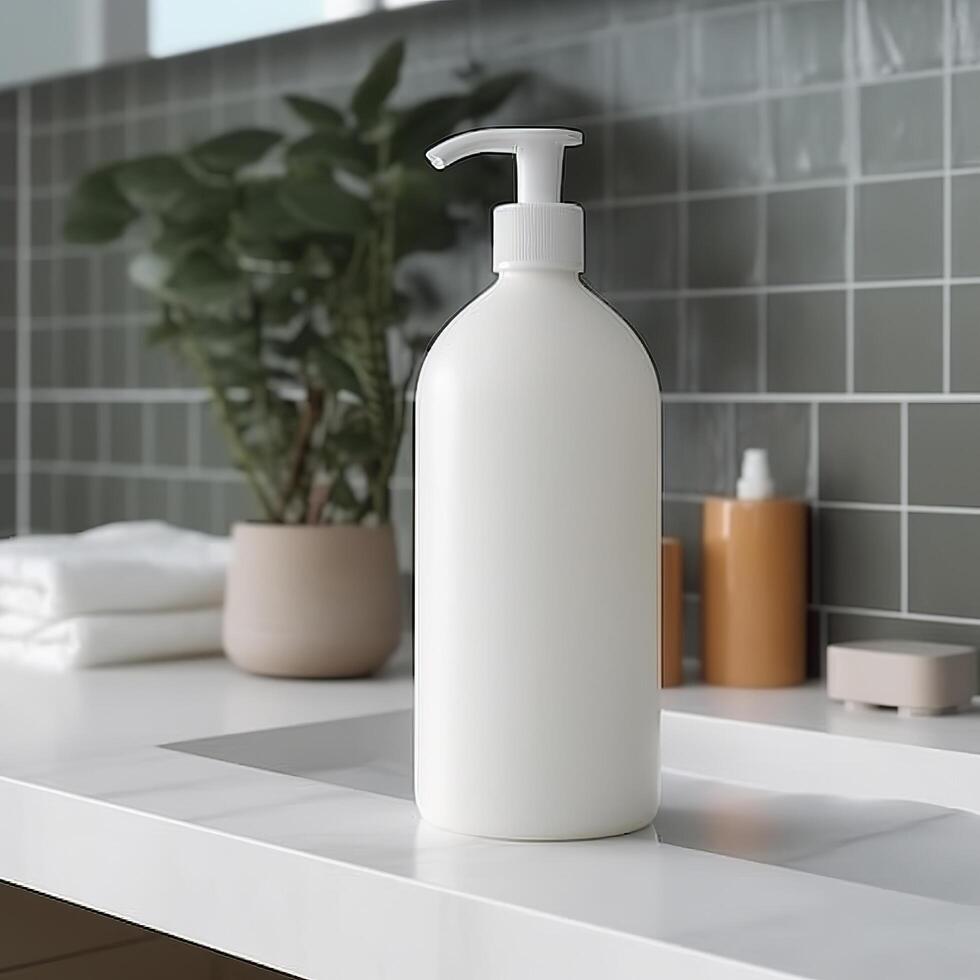 A white bottle of shampoo stands on the table in bathroom. photo