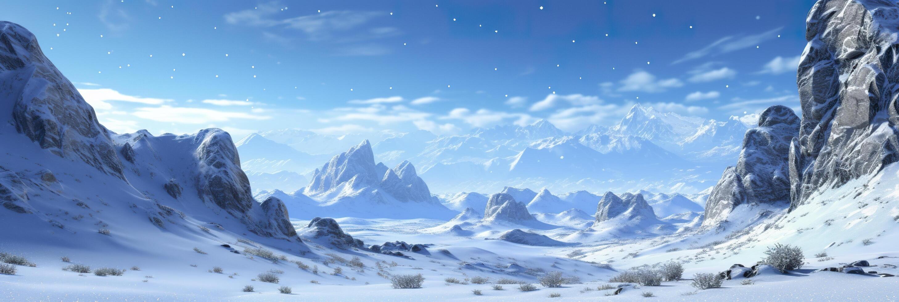 vast desolated snow land, big mountains in the background, snowfall with light blue sky and light blue colors, peaceful atmosphere,  AI Generative photo