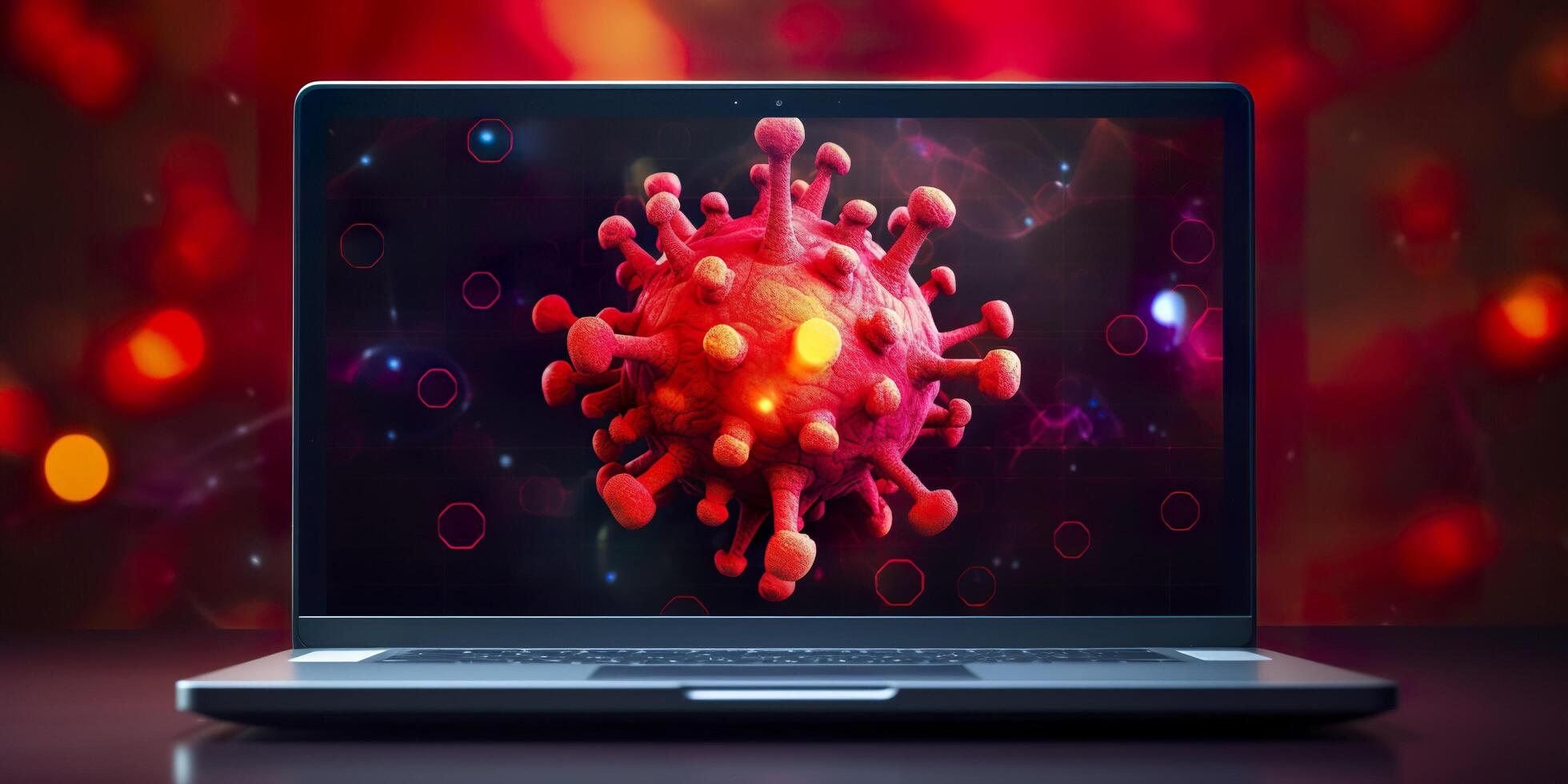 Computer screen showing an installing update notification with a virus symbol,  AI Generative photo