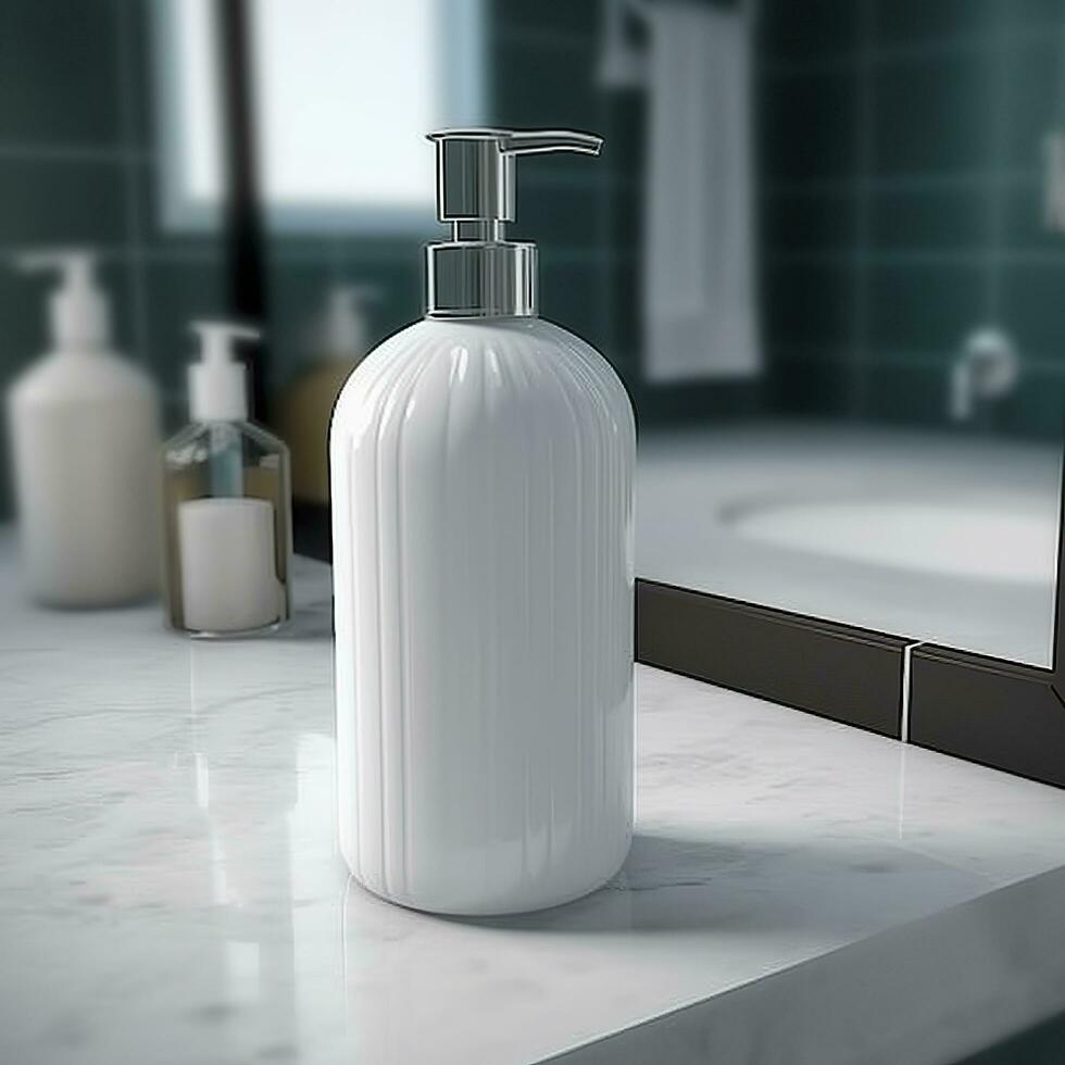 A white bottle of shampoo stands on the table in bathroom. AI Generative photo