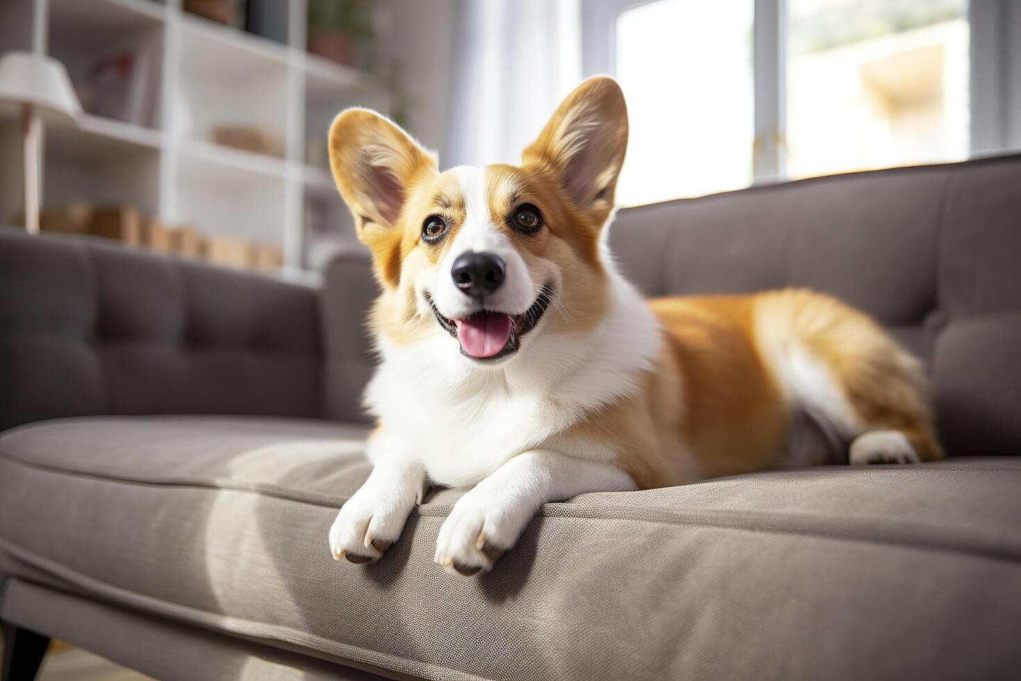 Beautiful, smart, calm purebred corgi dog lying on on sofa in living room. Generative AI photo