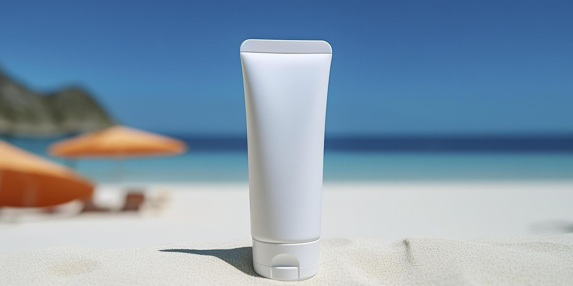 Blank empty white plastic tube. Sunscreen lotion on a sandy beach, summer composition with sunglasses, blue sea as background, copy space. Summer vacation and skin care concept, photo