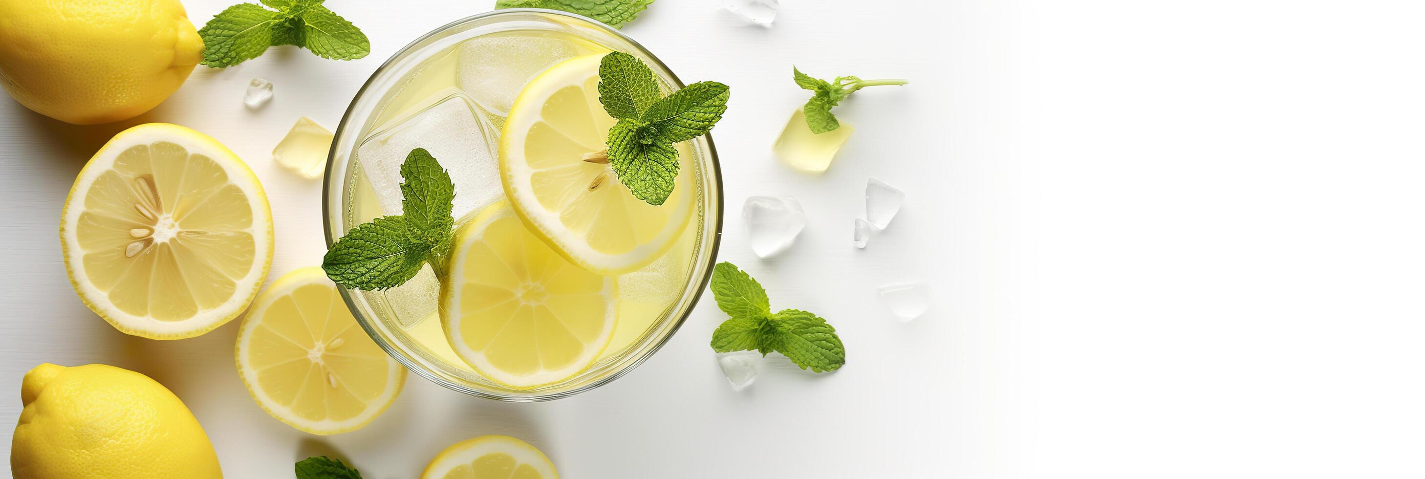 Lemonade in a glass with fresh lemons and mint. Cold summer drink with copy space. Generative AI photo