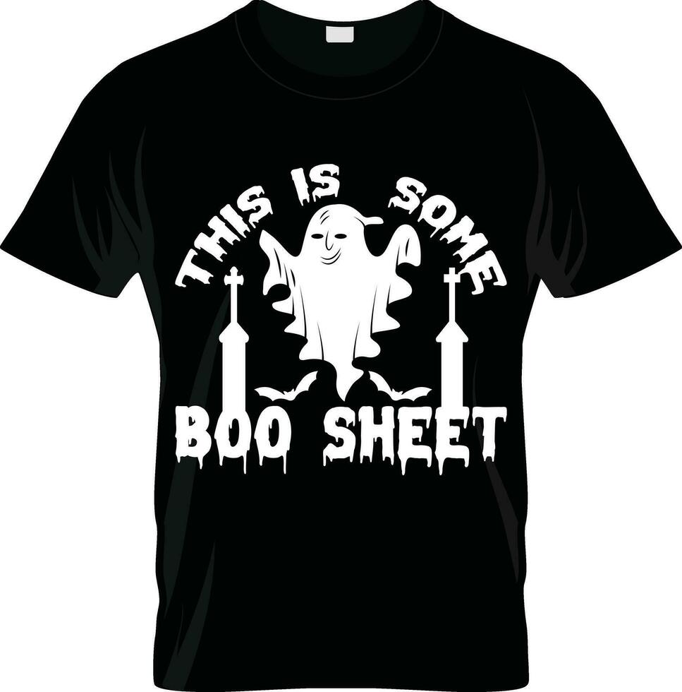 Boo Sheet printable T Shirt, Halloween Ghost Shirt, Happy Halloween Retro Vintage Shirt, Grave Silhouette Shirt Print Template. vector