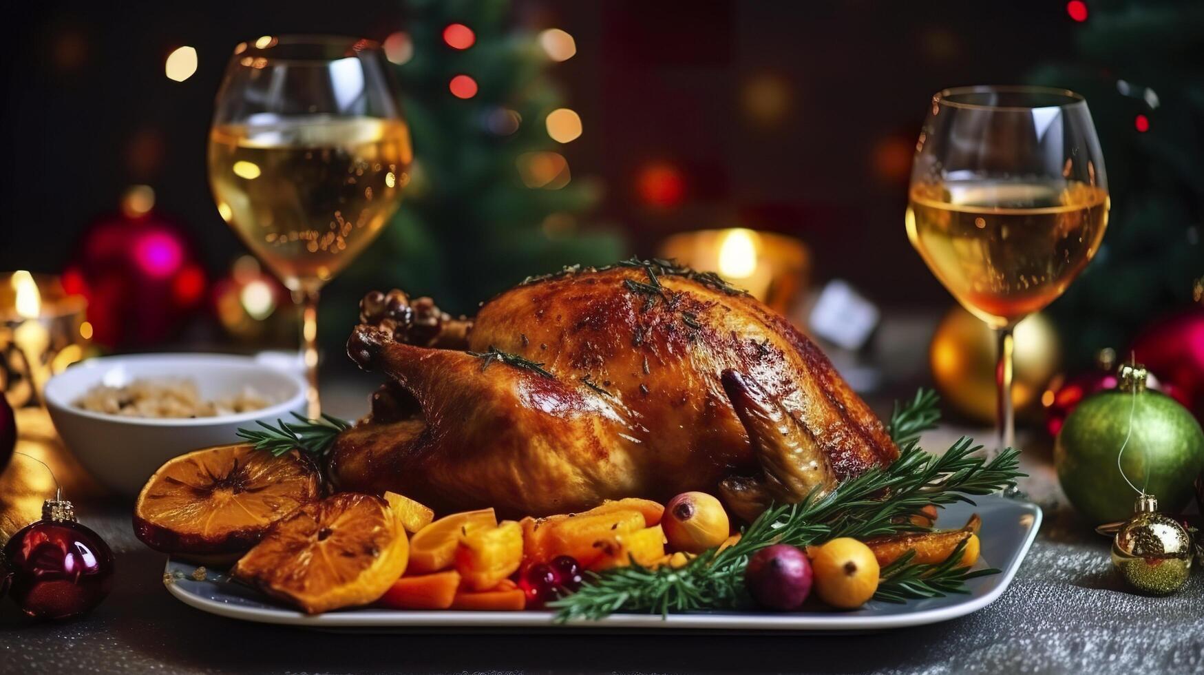 Juicy and tasty roast turkey on a plate with Christmas decorations. Roasted chicken with vegetables, Roast chicken party, all kinds of food, beer. AI Generative photo