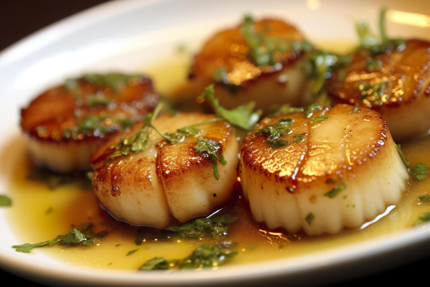 Closeup of pan seared diver scallops with lemon beurre blanc. Generative AI 28822792 Stock Photo