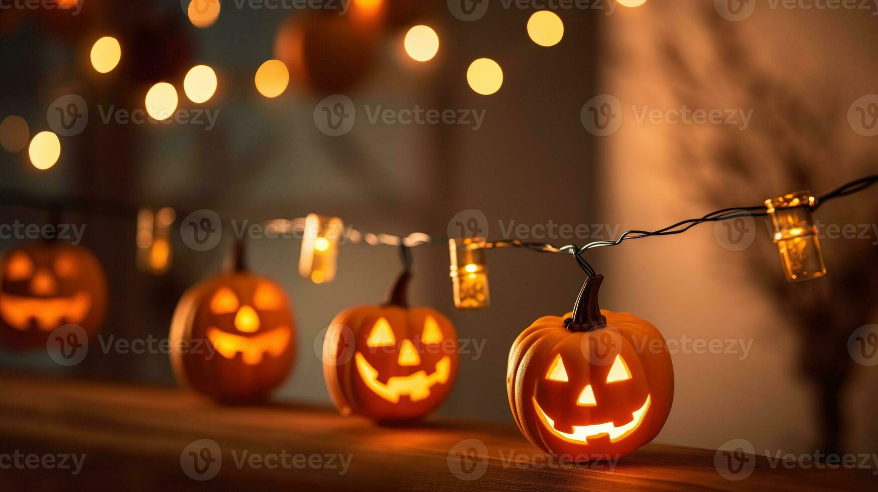 a string of halloween lights with jack'o lanterns hanging from them photo