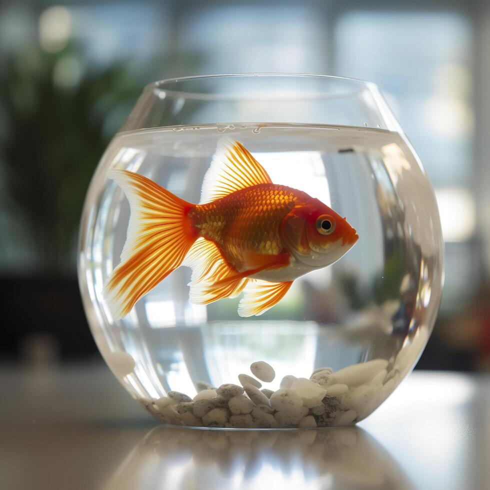 Beautifully colored goldfish swim in the clear aquarium water. 3d animation swimming goldfish.  AI Generative photo