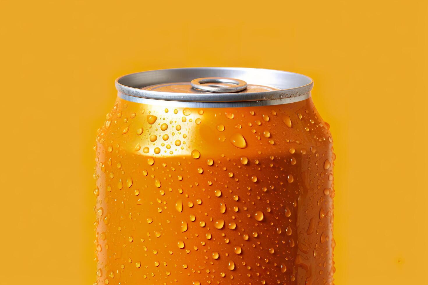 Can of fresh soda with water drops on orange background, closeup. Generative AI photo