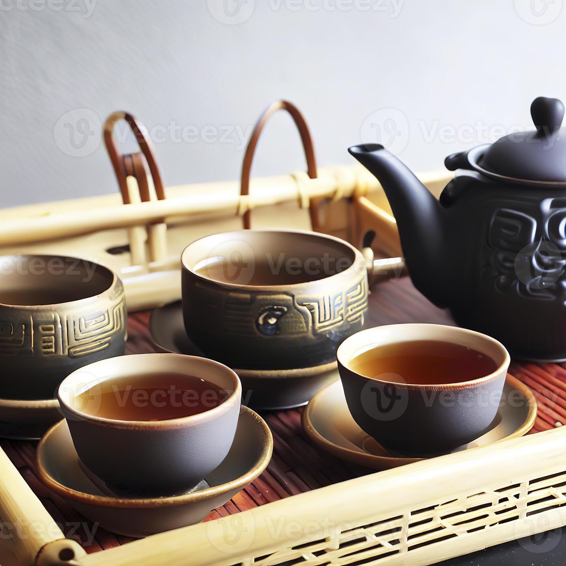 Asian tea set. Japanese teapot and cups on bamboo mat. generative