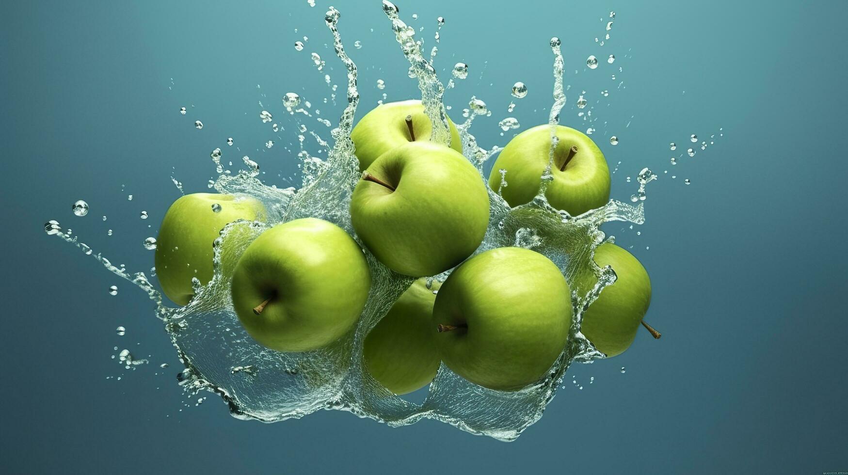 Fresh green apples fall into the water with a splash on blue background. Generative AI photo