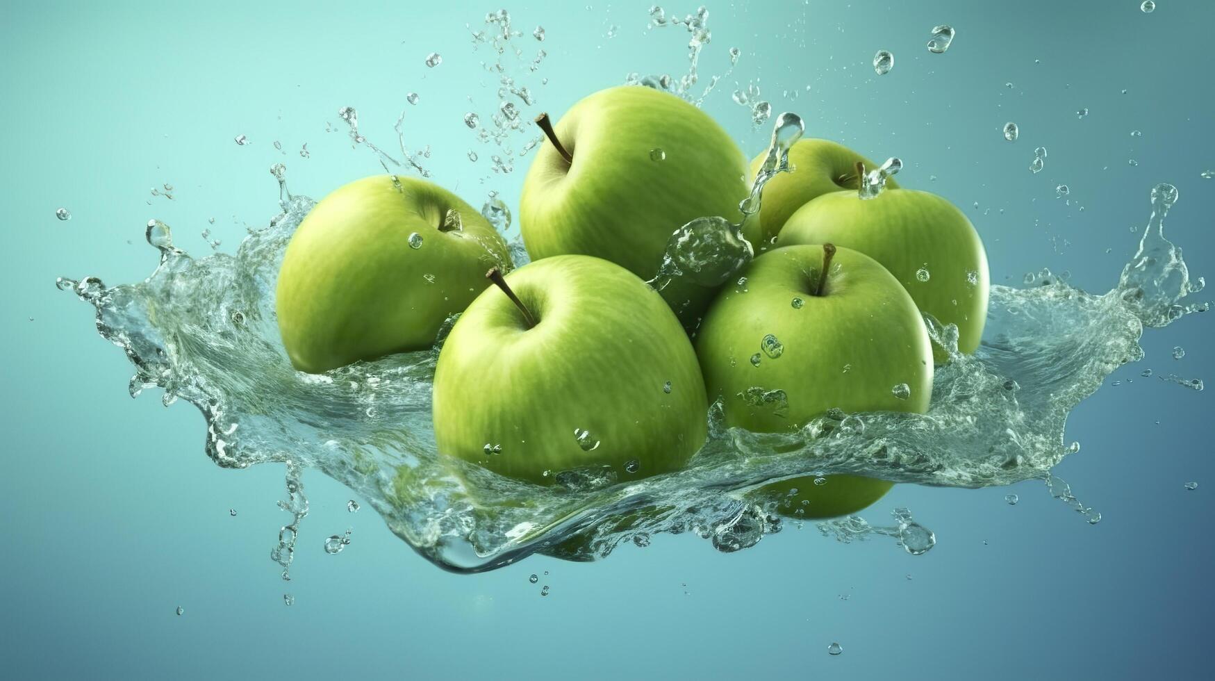 Fresh green apples fall into the water with a splash on blue background. Generative AI photo