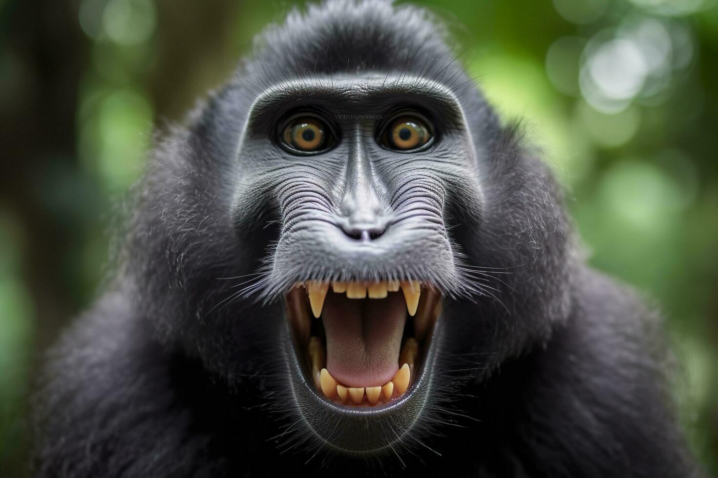 Celebes crested macaque with open mouth. Close up on the green natural background. Generative AI photo