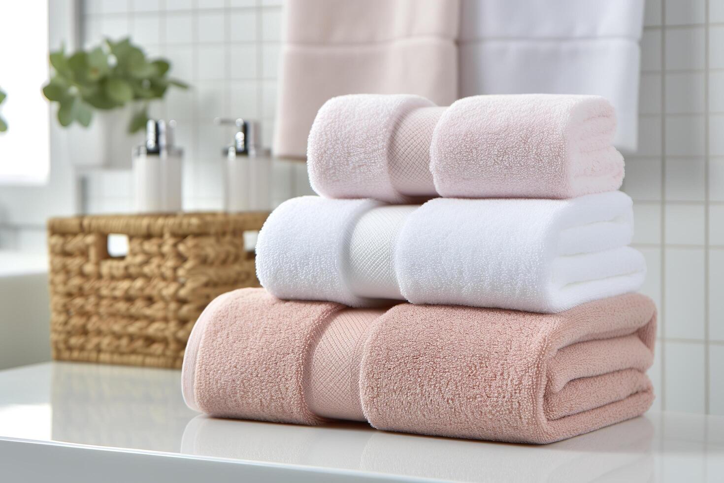 the world's softest towels against a minimalistic background. Stacked white towels sit on top of a soap dish in a bathroom. photo