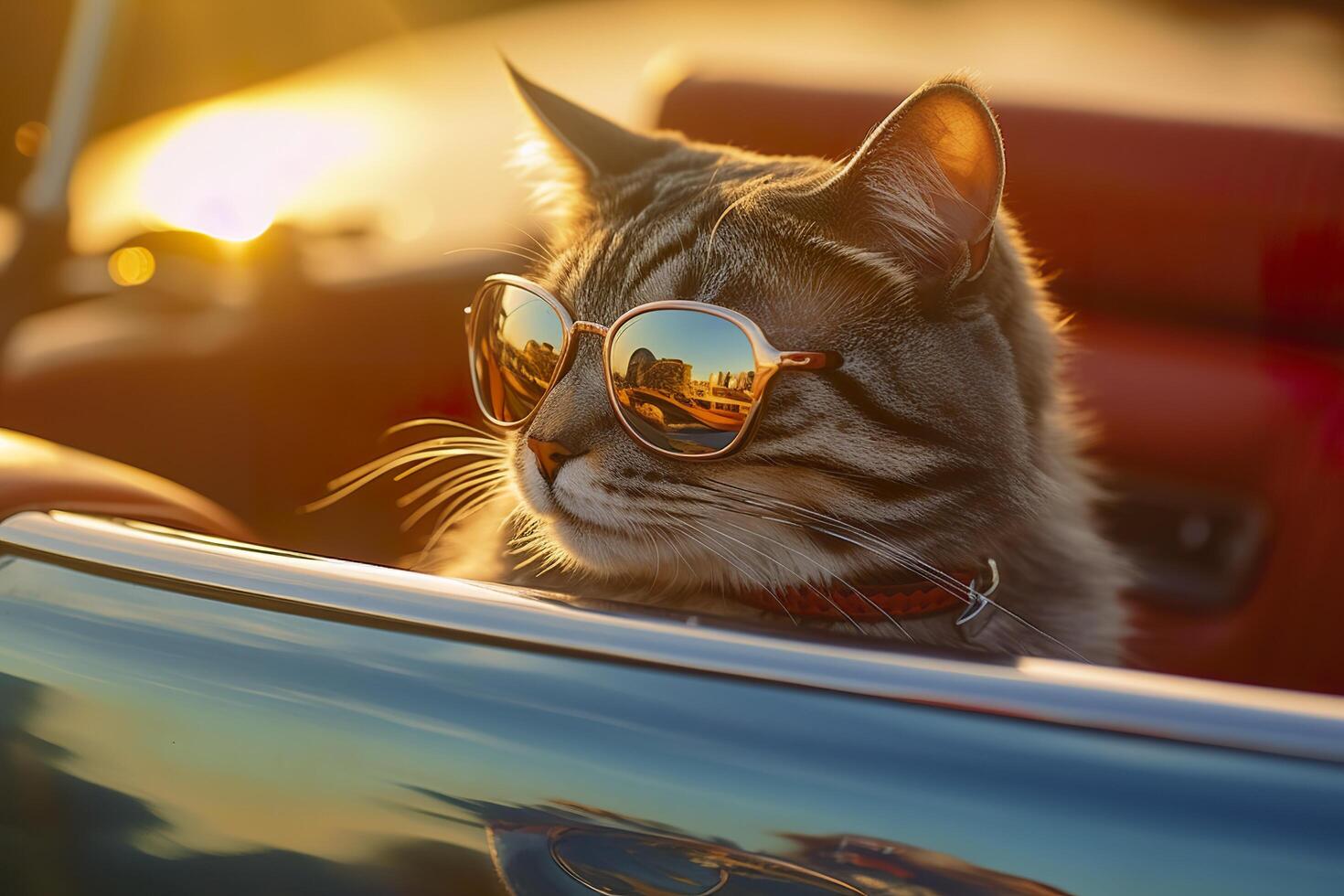 Capture a dreamy reflection by photographing a cat wearing sunglasses with a vintage Leica M6, highlighting the texture and contrast of an old timer car. AI Generative photo