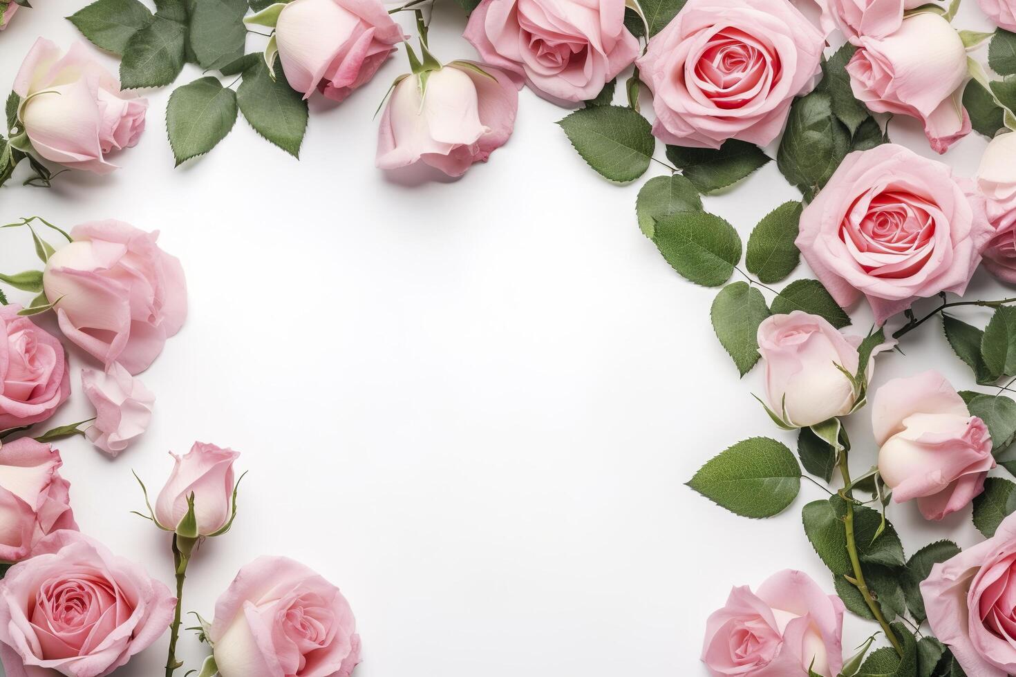 Close up of blooming pink roses flowers and petals isolated on white table background. Floral frame composition. Decorative web banner. Empty space, flat lay, top view. photo