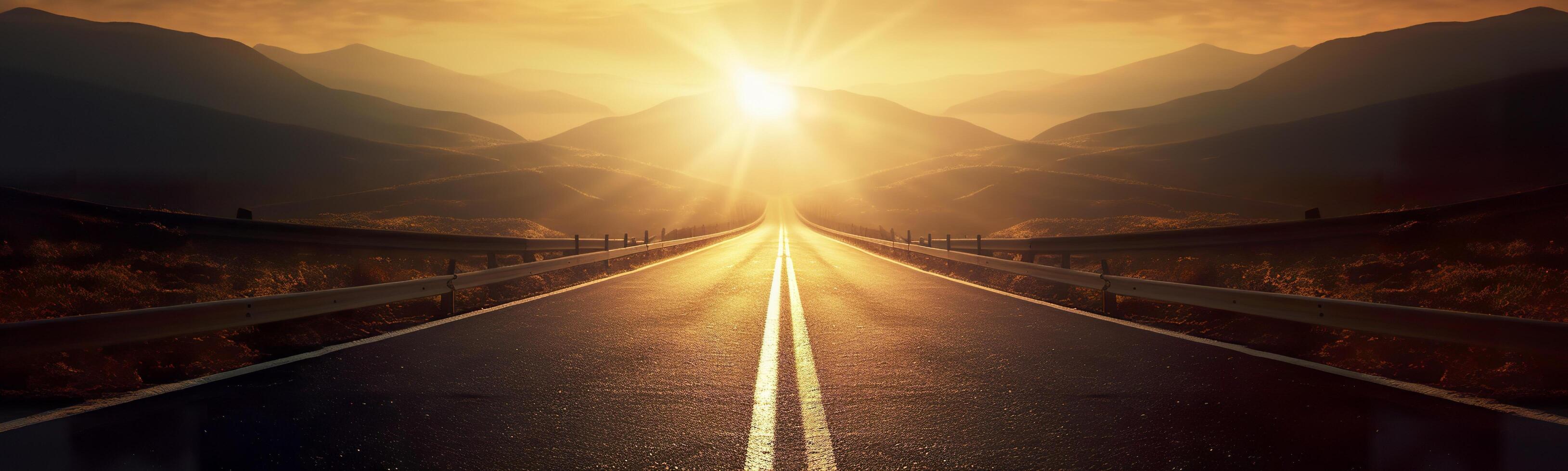 Black Asphalt Road And White Dividing Lines. Highway in early morning. digital ai art. photo