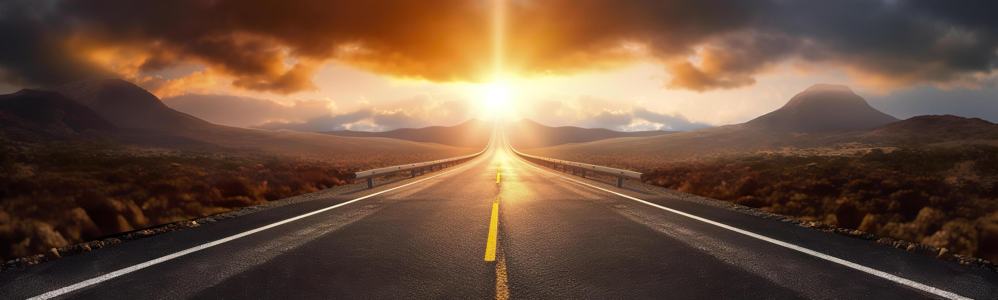 Black Asphalt Road And White Dividing Lines. Highway in early morning. digital ai art. photo