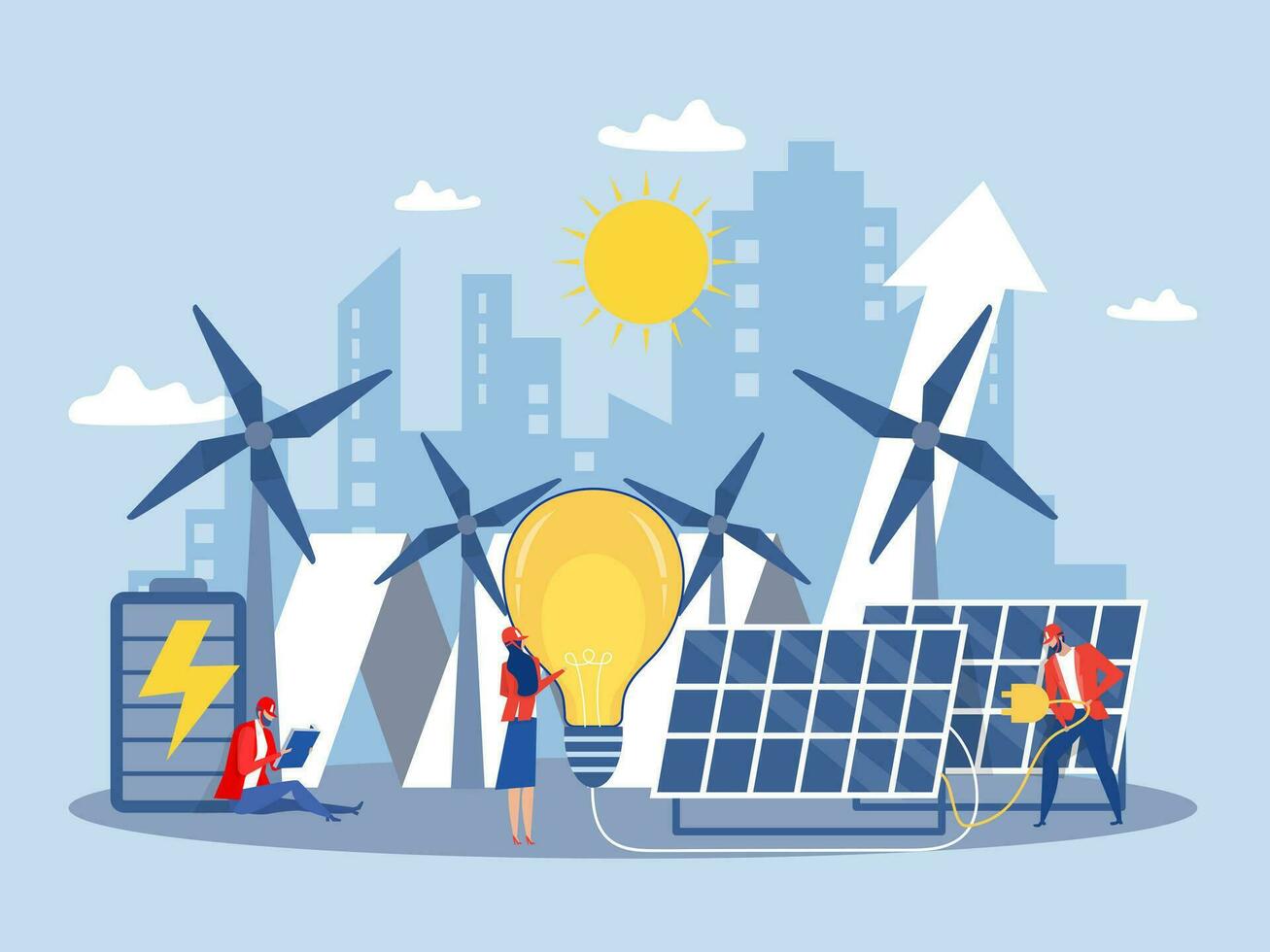 Clean energy concept.Renewable energy for better future Electricity from solar panels and windmills  Vector illustration in a flat style