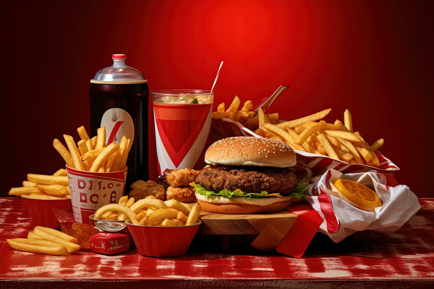 un mesa de basura comida incluso hamburguesas papas fritas y un taza de soda foto