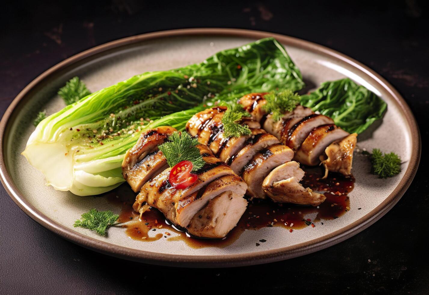 Chicken grill meat served with pak choi vegetables on a plate. Generative AI photo