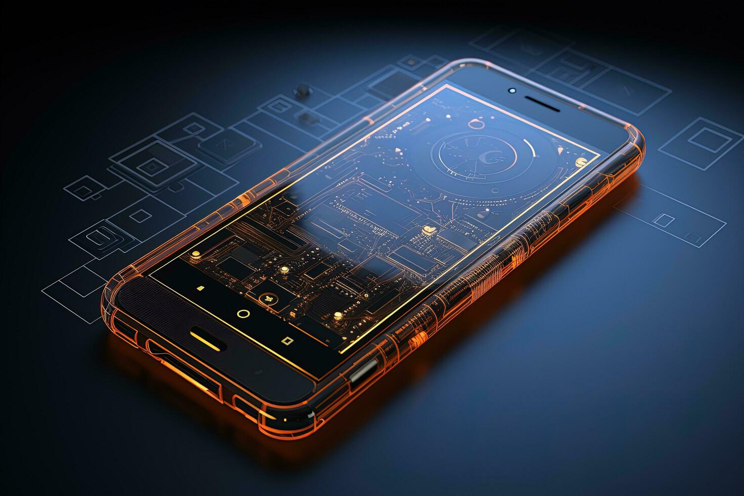 3d realistic smartphone, Modern smart phone lies on a smooth dark blue surface photo