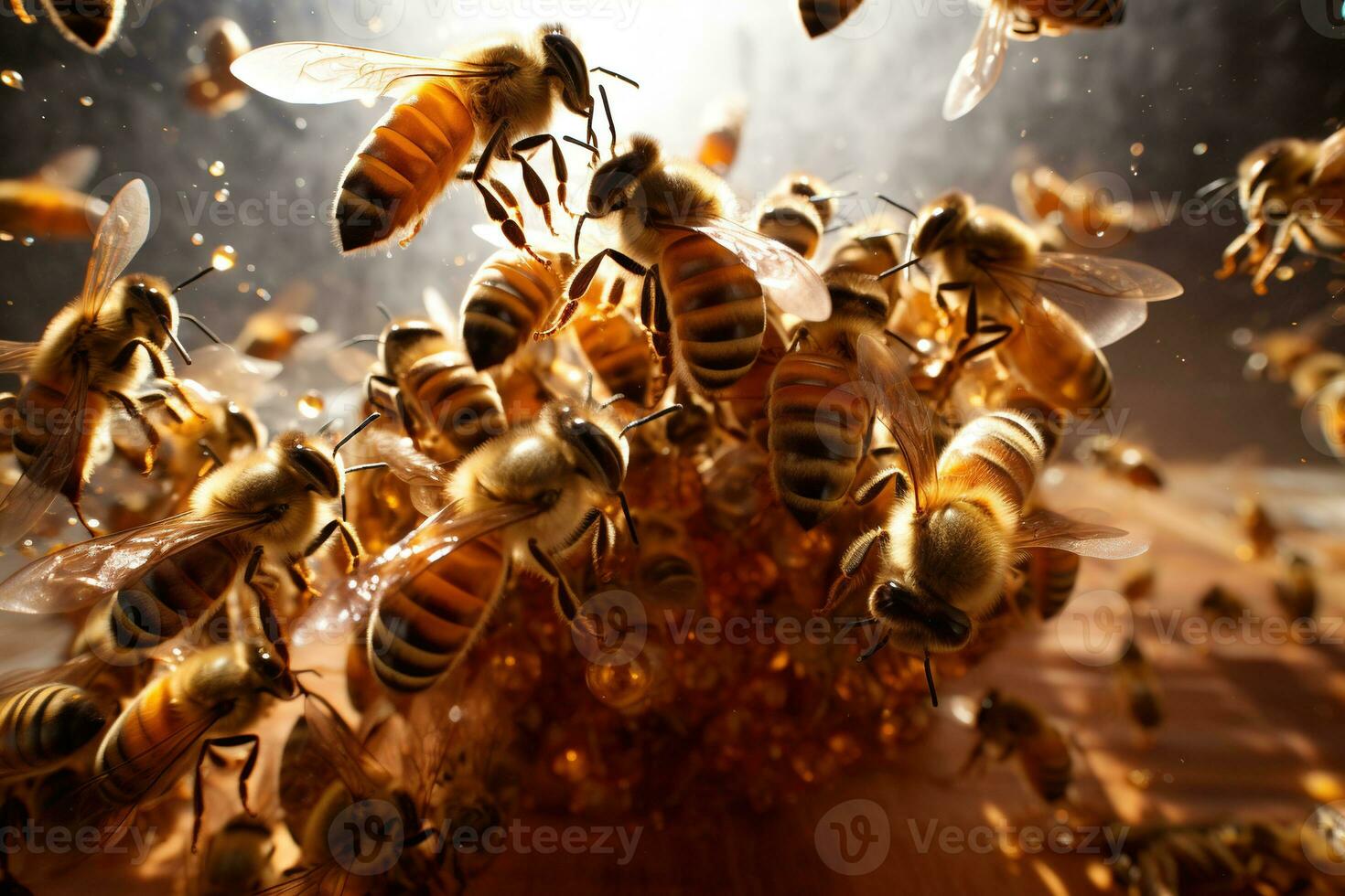 Close up view of the bees on honey cells photo