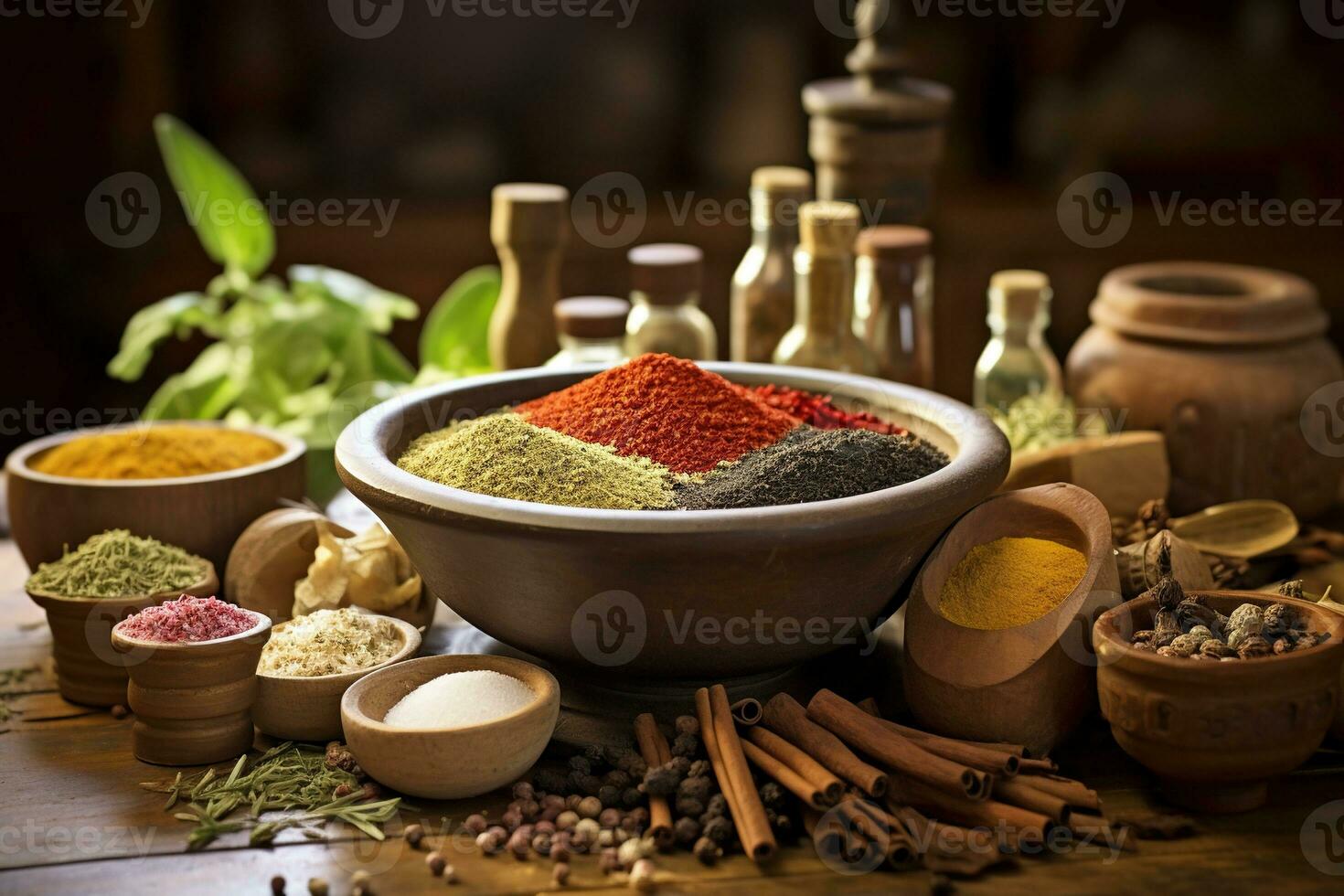 Spices and herbs in wooden bowl adorn table photo