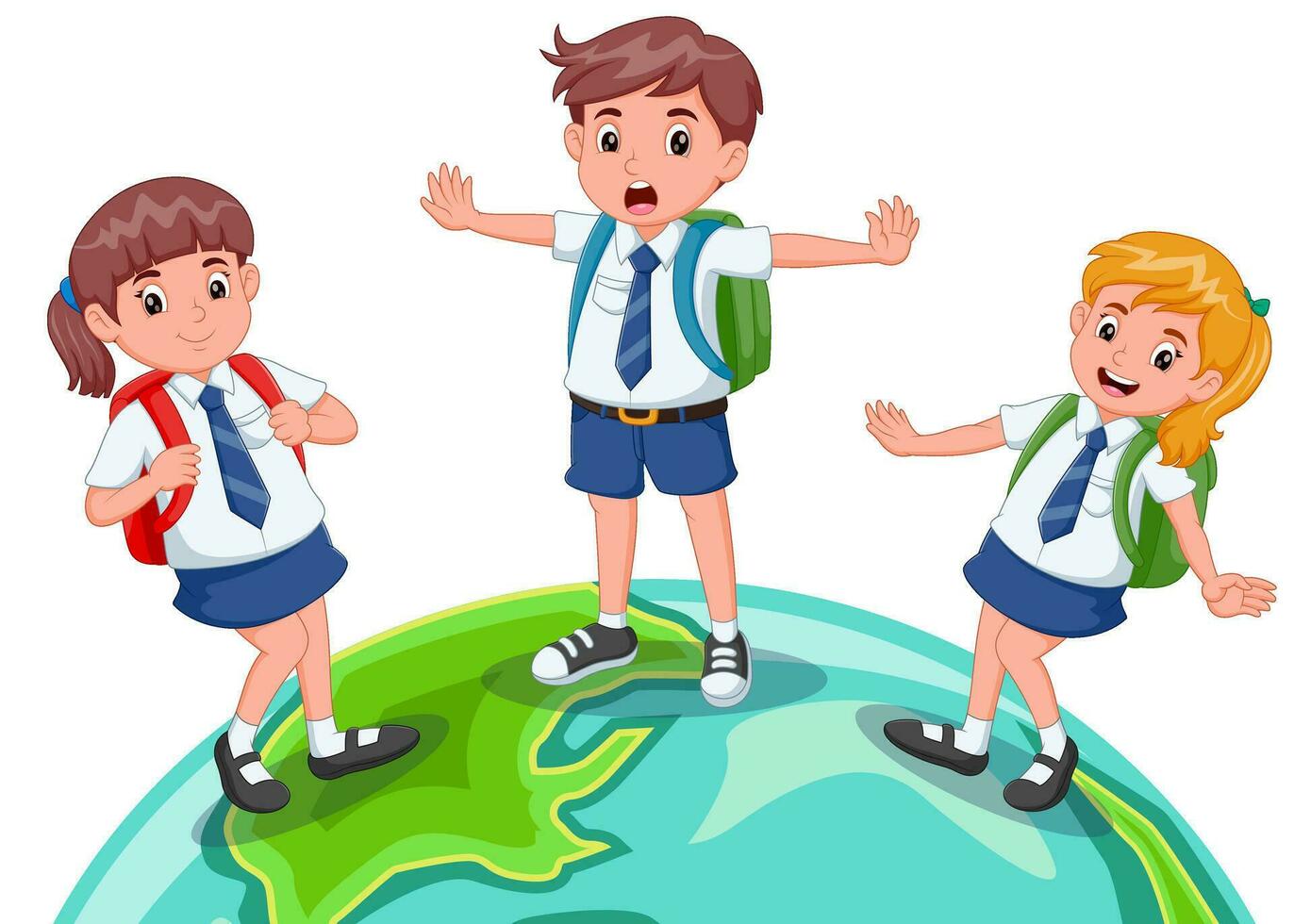 Cartoon three kids in school uniform standing on earth. Vector illustration