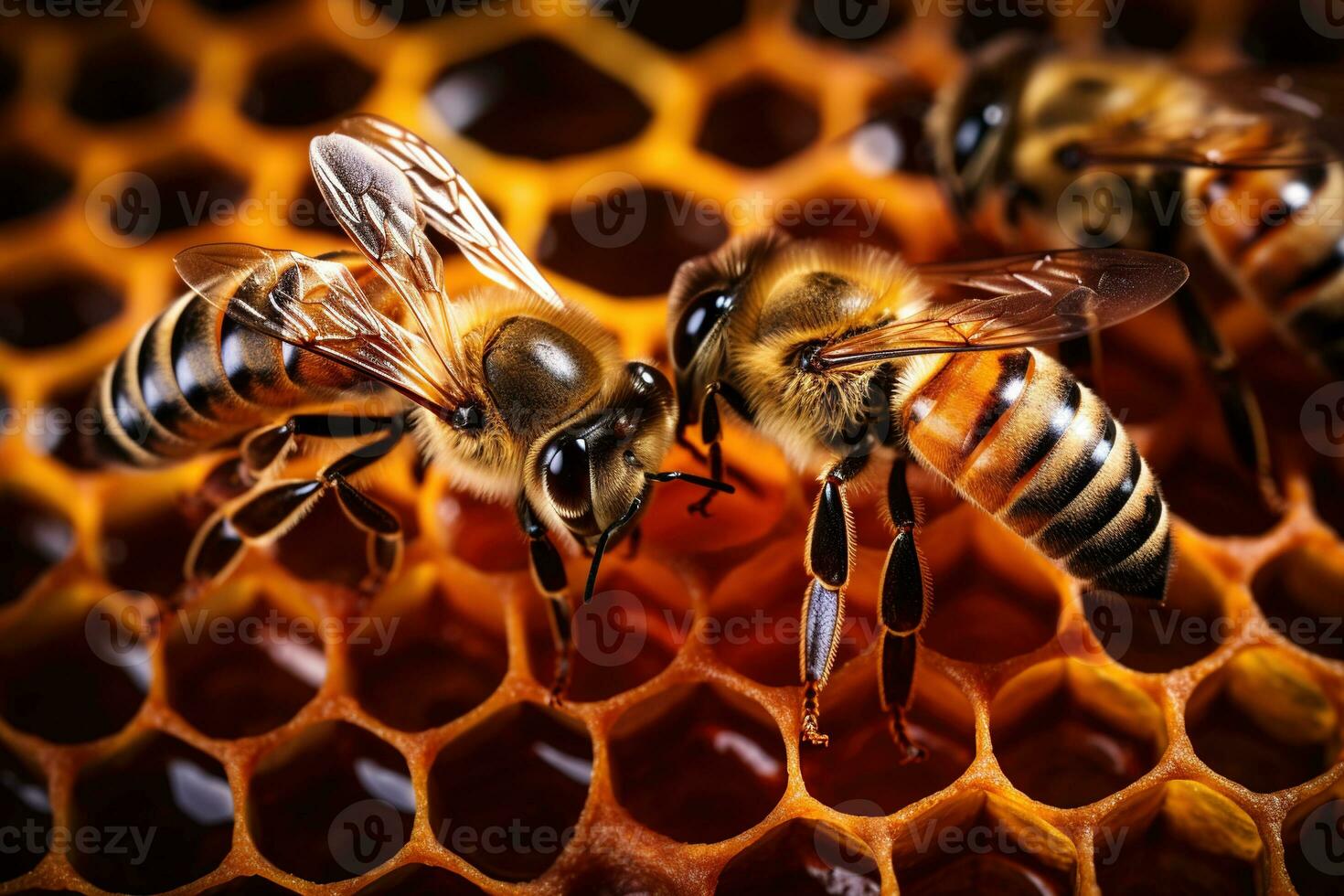 Close up view of the bees on honey cells photo
