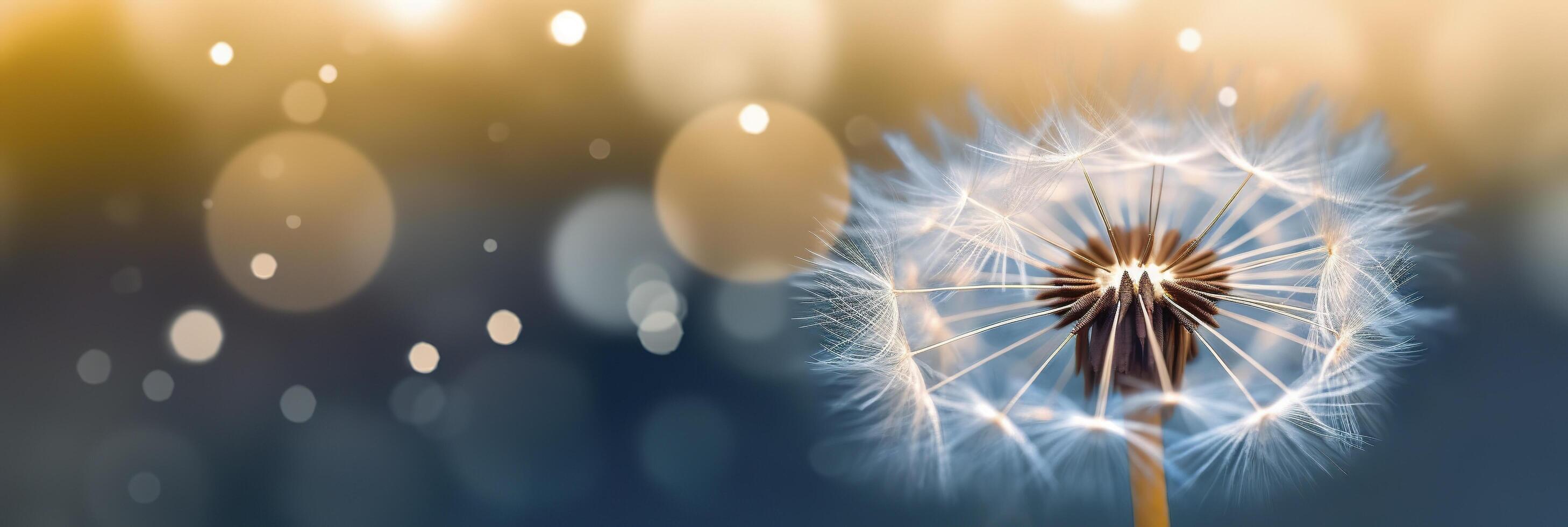 Abstract blurred nature background dandelion seeds parachute. Bokeh pattern. Generative AI photo