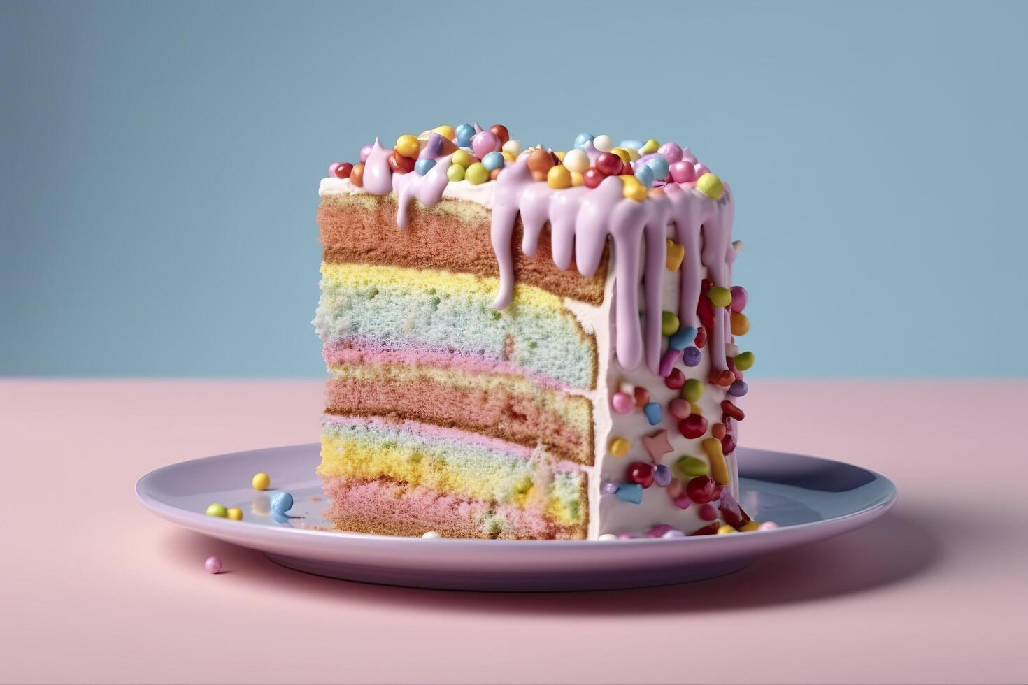 Colorful birthday cake on pastel background. Sweet and delicious Happy Birthday cake, copy space. Celebration concept. photo