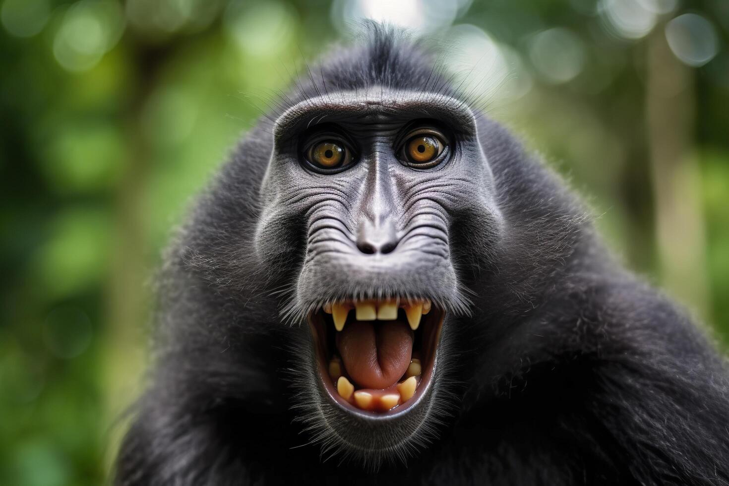 Celebes crested macaque with open mouth. Close up on the green natural background. Generative AI photo